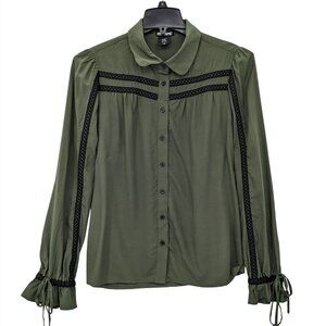 Ranfair Button Up Top Puff Sleeve Tie Cuff Romantic Whimsigoth Victorian Size M